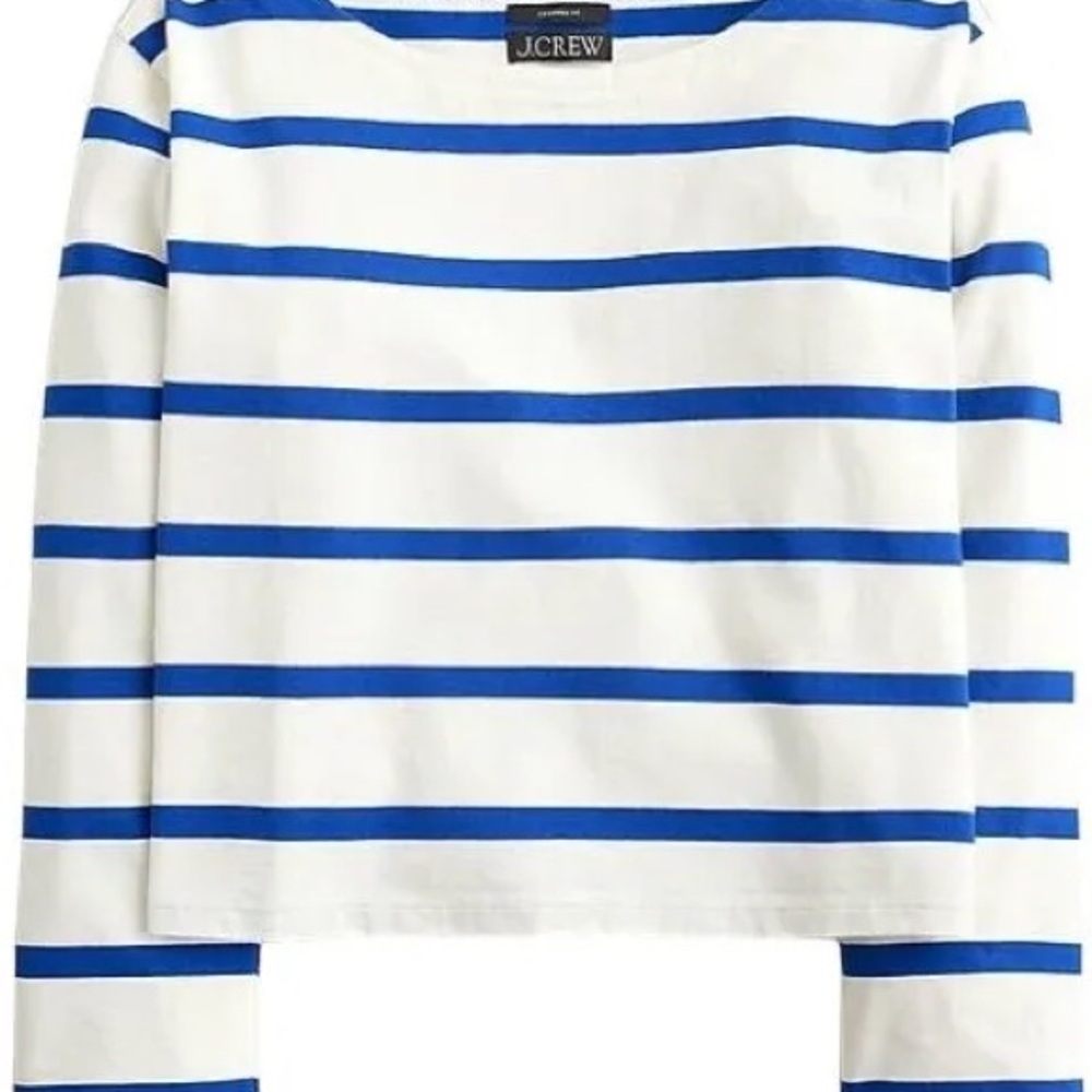 J.CREW Cropped Boatneck White Blue Striped T-Shirt NWT